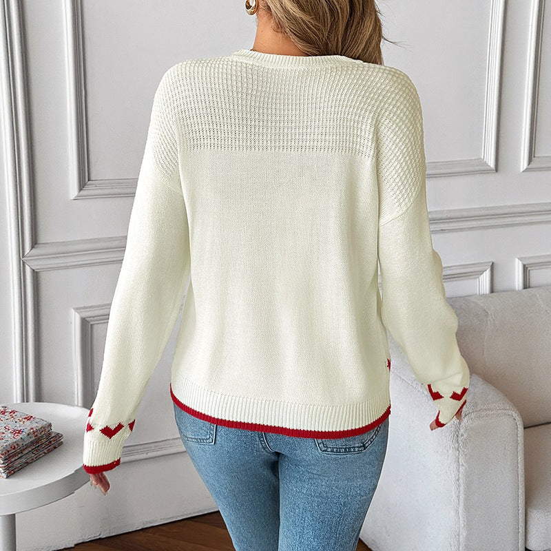 Damen Gestrickter Feinstrick-Pullover mit Herzintarsien, Rundhalsausschnitt und Rippbündchen Nord Taschen