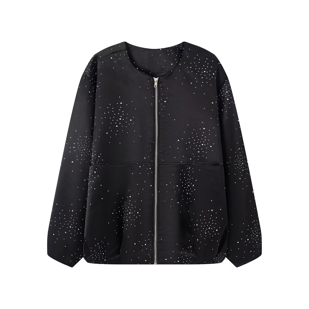 Damen Boxy‑Blouson mit Rundhals, Metallreißverschluss und dezentem Glitzerbesatz Nord Taschen