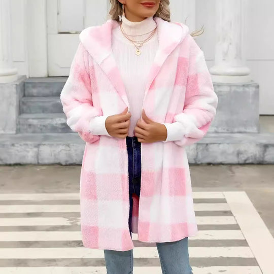 Damen Oversize Karierter Teddy-Mantel mit Kapuze und Eingrifftaschen Nord Taschen