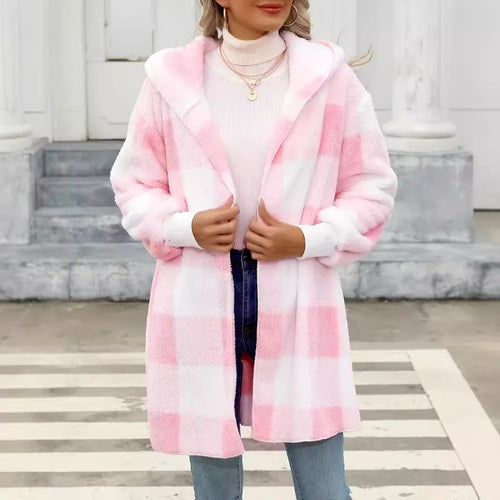 Damen Oversize Karierter Teddy-Mantel mit Kapuze und Eingrifftaschen Nord Taschen