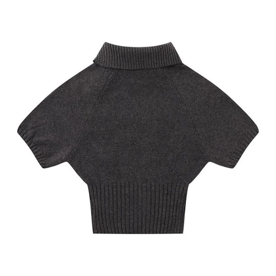 Damen Kurzärmeliges Zopfstrick-Pullover-Top mit Stehkragen und Knopfleiste Nord Taschen