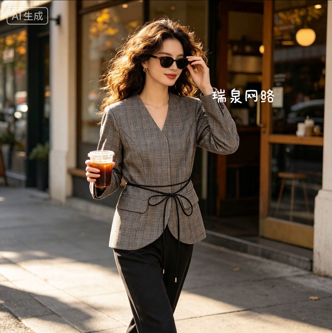 Damen Taillierter Glencheck-Blazer mit V‑Ausschnitt und Wickelgürtel Nord Taschen