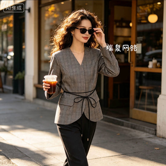 Damen Taillierter Glencheck-Blazer mit V‑Ausschnitt und Wickelgürtel Nord Taschen