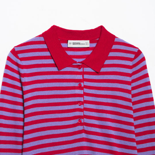 Damen Gestreifter Cropped-Polo-Cardigan aus Feinstrick mit Knopfleiste Nord Taschen