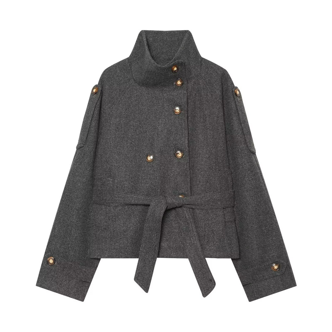 Damen Kurzcape aus Wollmix mit hohem Stehkragen, Doppelreihe und Bindegürtel Nord Taschen