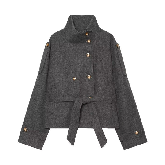Damen Kurzcape aus Wollmix mit hohem Stehkragen, Doppelreihe und Bindegürtel Nord Taschen