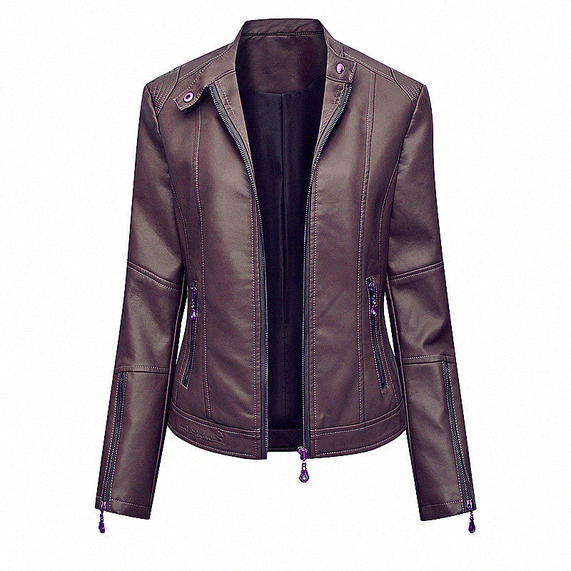 Damen Figurbetonte Kunstleder-Bikerjacke mit Stehkragen, taillierten Nähten und Reißverschlusstaschen Nord Taschen
