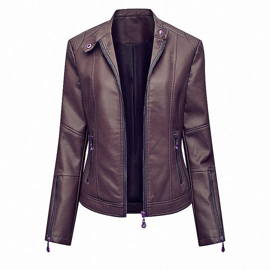 Damen Figurbetonte Kunstleder-Bikerjacke mit Stehkragen, taillierten Nähten und Reißverschlusstaschen Nord Taschen