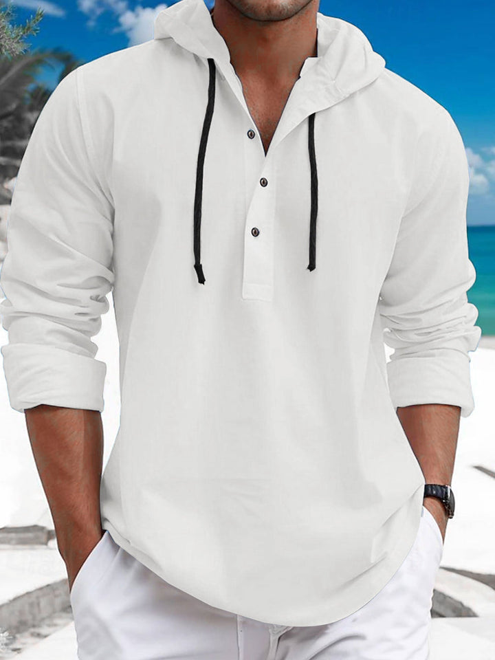 Herren nan sommerliches Hoodie-Henley mit verdeckter Knopfleiste, Kordelzug und gerundetem Saum