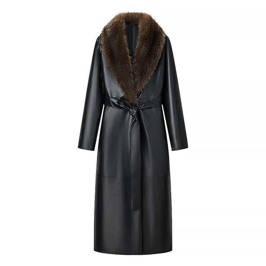 Damen Langer Ledermantel mit abnehmbarem Fellkragen und minimalistischer Silhouette Nord Taschen