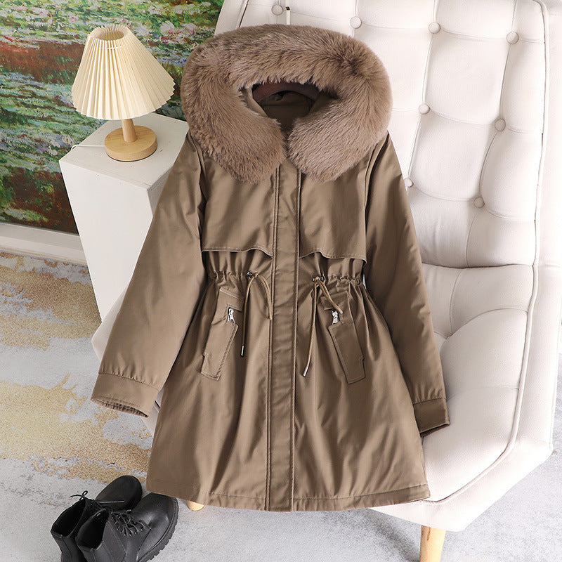 Damen nan mittellanger wasserabweisender Parka mit voluminösem Kunstfellkragen, Taillenzug und multifunktionalen Pattentaschen Nord Taschen
