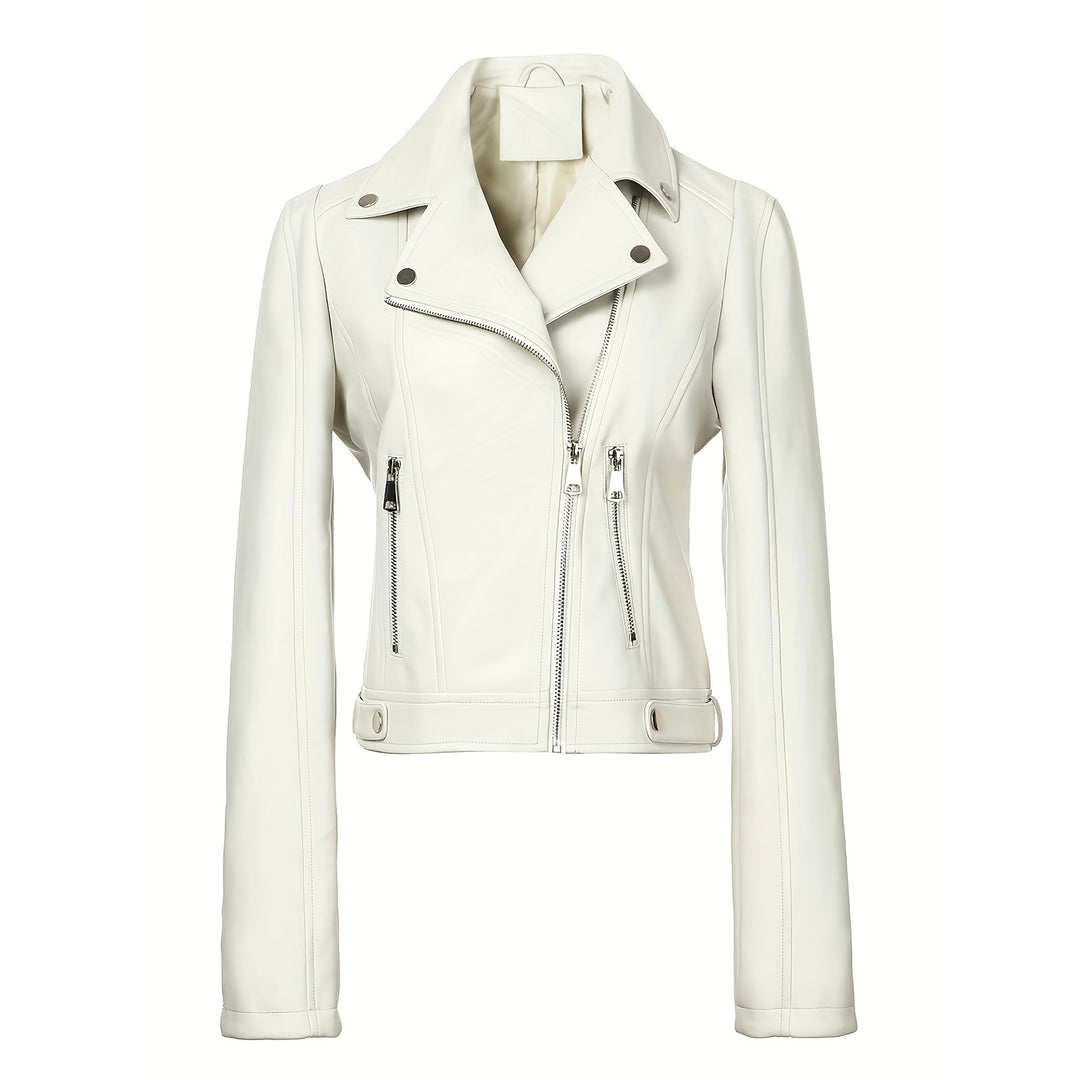 Damen Taillierte Bikerjacke in Lederoptik mit asymmetrischem Reißverschluss und Ziernähten Nord Taschen