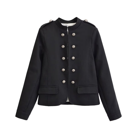 Damen Kurzer Stehkragen-Blazer mit doppelter Zierknopfleiste und Epauletten Nord Taschen