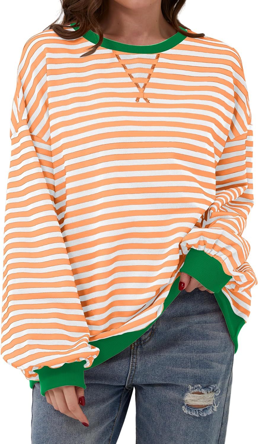 Damen lässiger Oversized Sweatshirt mit bunten Streifen und Kapuzenkordel