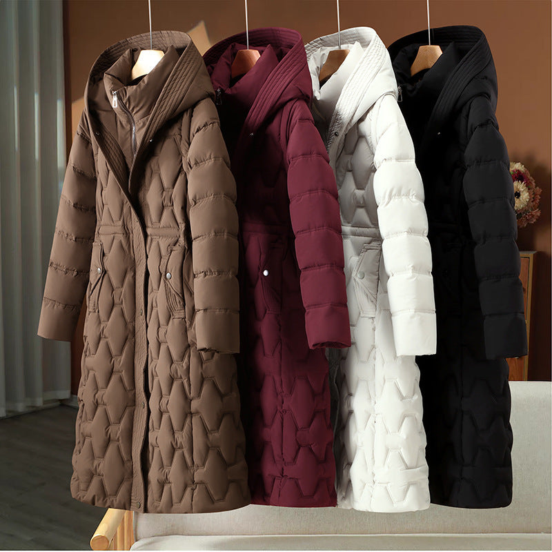 Damen nan langer gesteppter Mantel mit Wabenquilt, Kapuze und taillierter A-Linie Nord Taschen