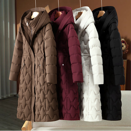 Damen nan langer gesteppter Mantel mit Wabenquilt, Kapuze und taillierter A-Linie Nord Taschen