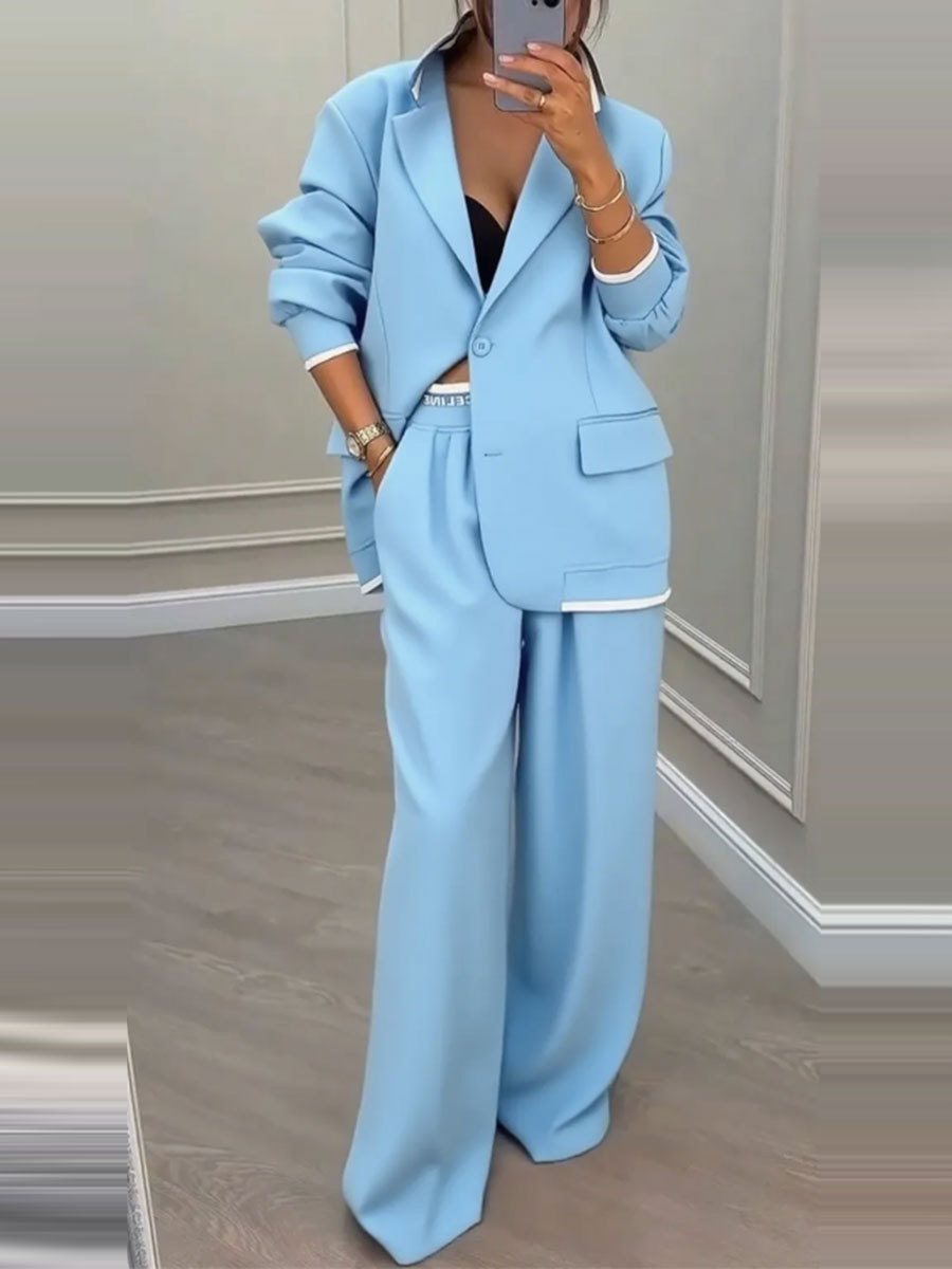 Damen Oversize-Blazer mit Kontrastbesatz und High‑Waist Palazzo‑Hose Zweiteiler Nord Taschen
