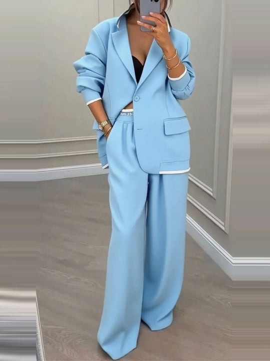 Damen Oversize-Blazer mit Kontrastbesatz und High‑Waist Palazzo‑Hose Zweiteiler Nord Taschen