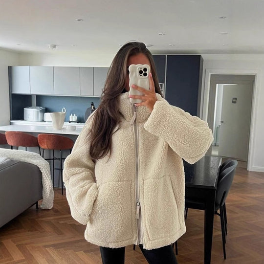 Damen Oversize Teddy-Fleece Jacke mit Reißverschluss und Stehkragen Nord Taschen