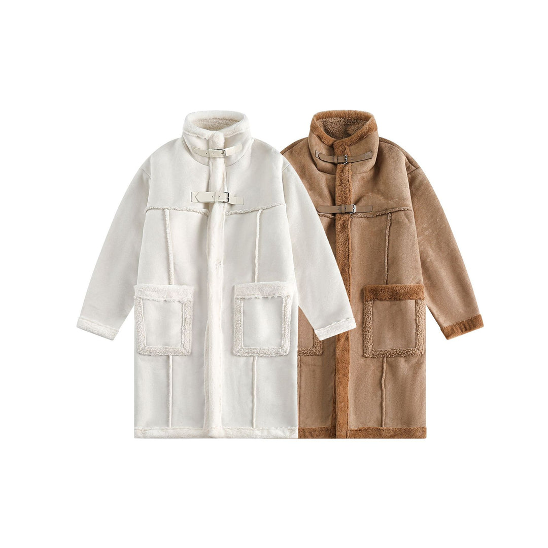 Damen Langer Oversize Lammfell‑Imitat Mantel mit Stehkragen und Schnallenverschluss Nord Taschen
