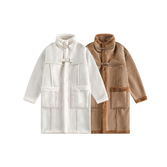 Damen Langer Oversize Lammfell‑Imitat Mantel mit Stehkragen und Schnallenverschluss Nord Taschen
