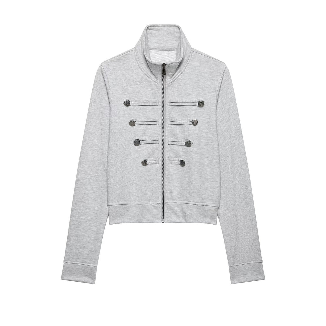 Damen Cropped-Sweatjacke mit Stehkragen und dekorativer Zierknopfleiste Nord Taschen