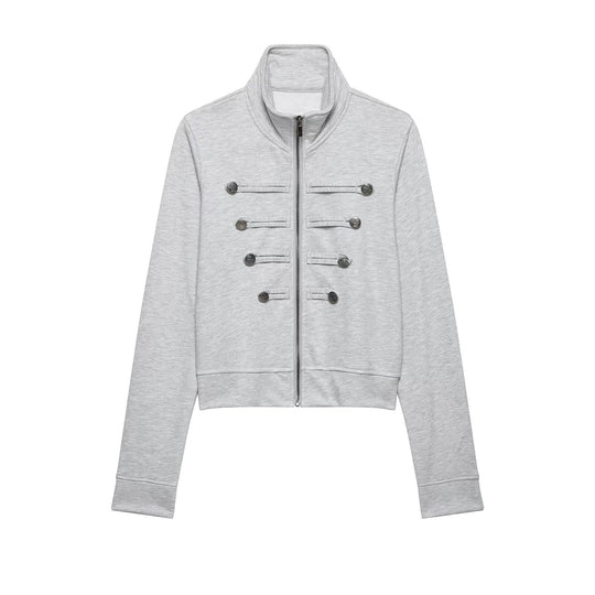Damen Cropped-Sweatjacke mit Stehkragen und dekorativer Zierknopfleiste Nord Taschen
