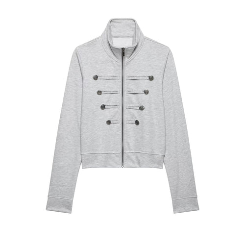 Damen Cropped-Sweatjacke mit Stehkragen und dekorativer Zierknopfleiste Nord Taschen