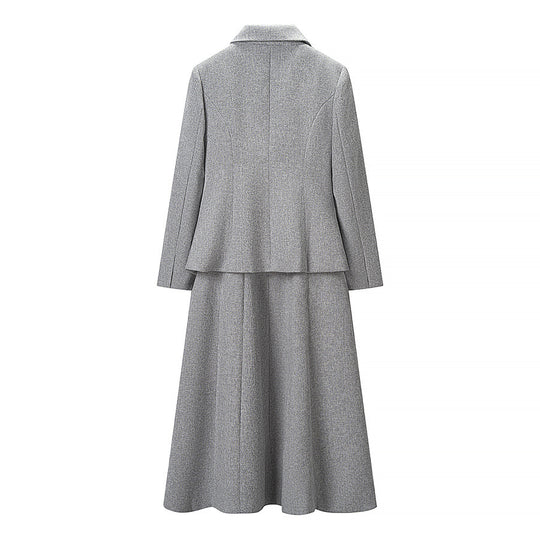 Damen Elegantes zweiteiliges Wollmisch-Kostüm mit tailliertem Kurzblazer und ausgestelltem Midirock Nord Taschen