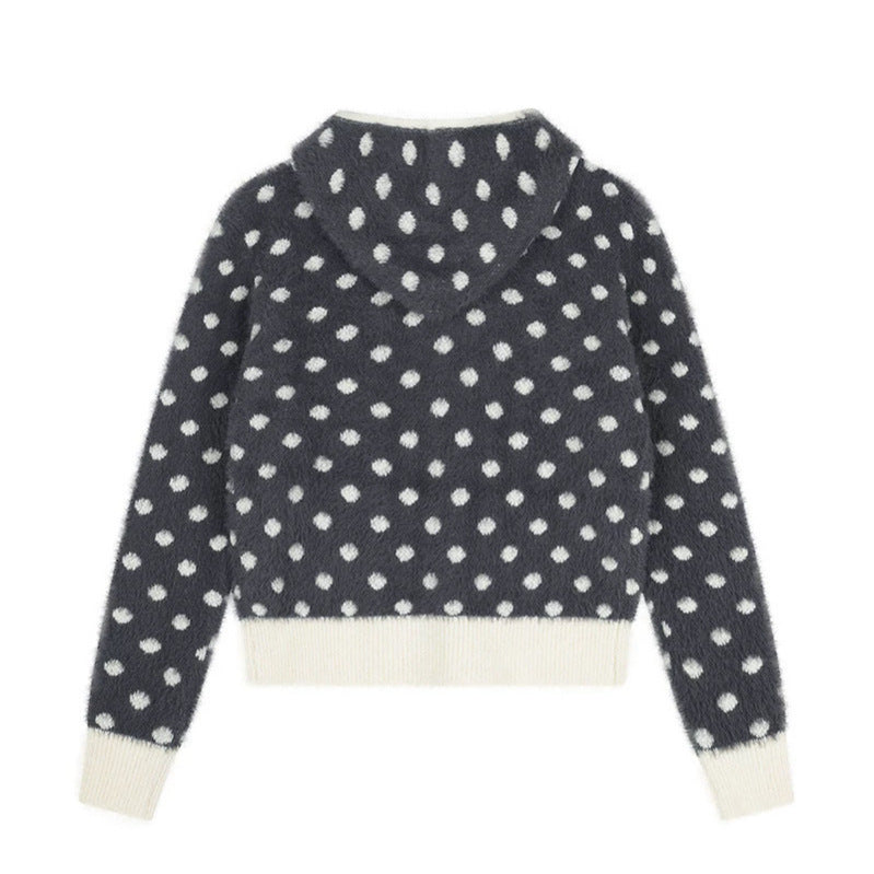 Damen Flauschige Kapuzen‑Zipjacke mit Polka‑Dot‑Jacquard und Eingrifftaschen Nord Taschen