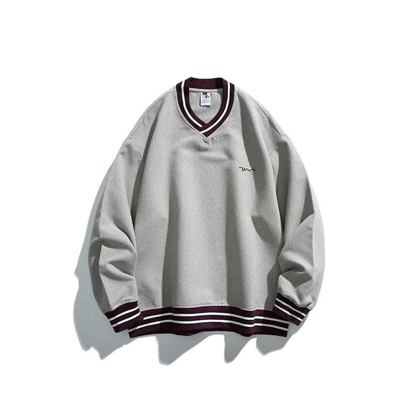 Herren Oversized V-Ausschnitt Sweatshirt mit Kontraststreifen an Bündchen und Saum Nord Taschen