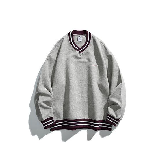 Herren Oversized V-Ausschnitt Sweatshirt mit Kontraststreifen an Bündchen und Saum Nord Taschen