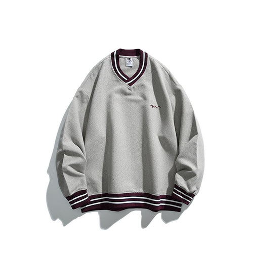 Herren Oversized V-Ausschnitt Sweatshirt mit Kontraststreifen an Bündchen und Saum Nord Taschen
