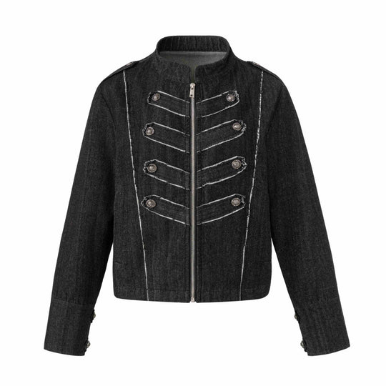 Damen Denim‑Blouson im Military‑Look mit Stehkragen und Zierknopfleiste Nord Taschen