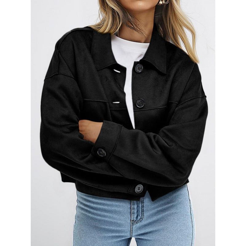 Damen kurze Wildleder-Optik Jacke mit aufgesetzten Taschen und Hemdkragen Nord Taschen