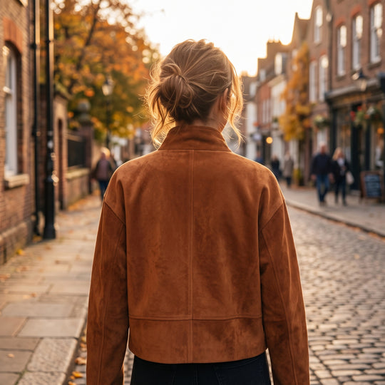 Damen Kurzjacke im Boxy-Cropped-Schnitt aus Velourslederoptik mit Stehkragen und Metallreißverschlüssen Nord Taschen
