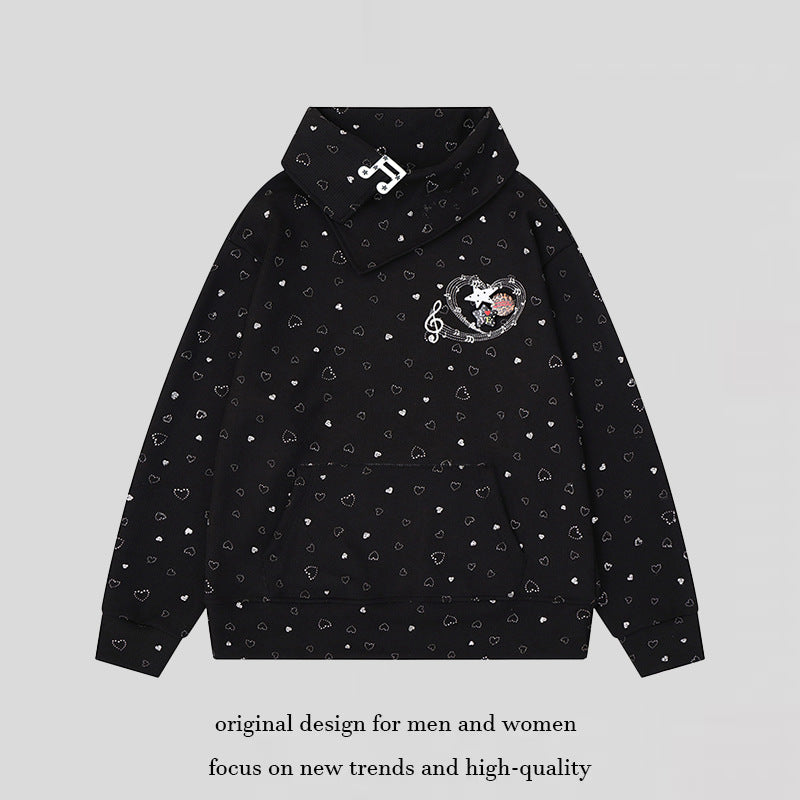 Damen Oversize-Sweatshirt mit asymmetrischem Stehkragen, Kängurutasche und musikalischer Herz-Stickerei Nord Taschen