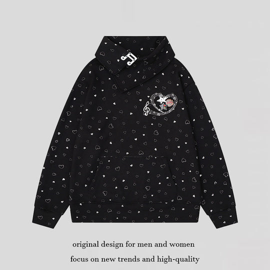 Damen Oversize-Sweatshirt mit asymmetrischem Stehkragen, Kängurutasche und musikalischer Herz-Stickerei Nord Taschen