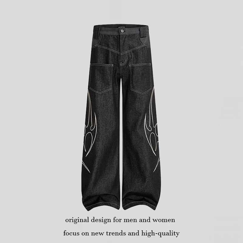 Damen Weite High‑Waist Denim‑Cargohose mit Flammenstickerei und aufgesetzten Taschen Nord Taschen