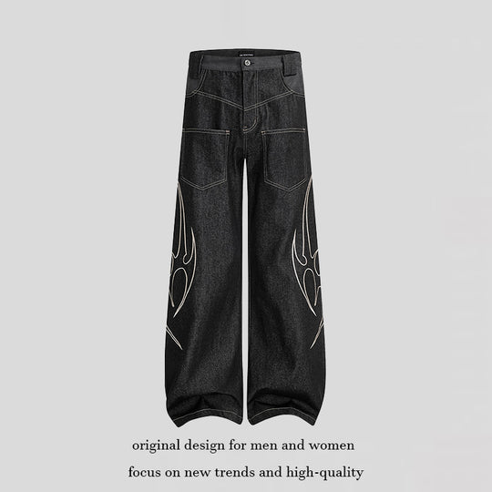 Damen Weite High‑Waist Denim‑Cargohose mit Flammenstickerei und aufgesetzten Taschen Nord Taschen
