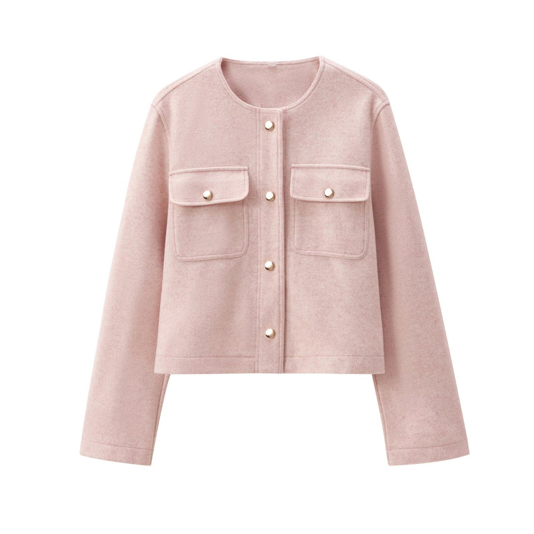Damen Cropped Wollmix‑Jacke im Boxy‑Schnitt mit Rundhalsausschnitt und Zierdruckknöpfen Nord Taschen