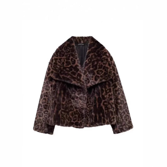 Damen kurze Boxy-Faux-Fur-Jacke mit Leopardenmuster und großem Schalkragen Nord Taschen