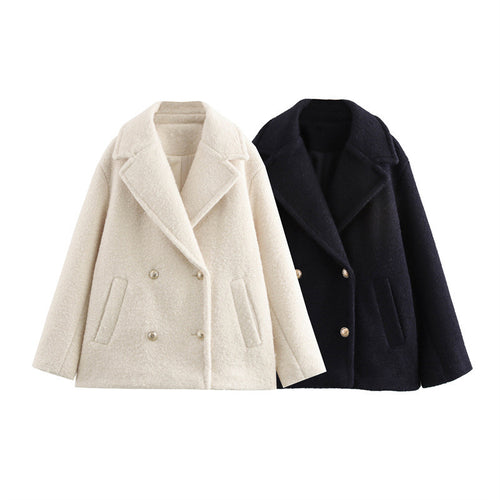 Damen Kurzer doppeltreihiger Wollmix-Peacoat mit weitem Revers Nord Taschen
