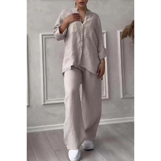 Damen Weite Leinenmix-Hose mit hohem Elastikbund, Kordelzug und Palazzo-Silhouette Nord Taschen