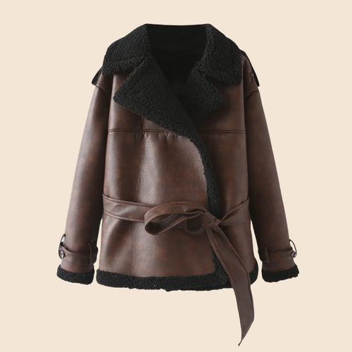 Damen Taillierter Aviator-Mantel aus Kunstleder mit Teddyfutter und Bindegürtel Nord Taschen