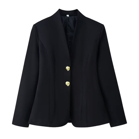 Damen figurnahe Blazerjacke mit Stehkragen, formgebenden Teilungsnähten und goldenen Zierknöpfen Nord Taschen