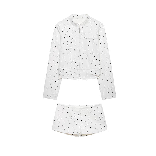 Damen Gepunktete Kurzjacke mit Stehkragen, Reißverschluss und Pattentaschen Nord Taschen