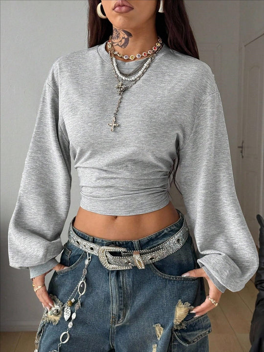 Damen Cropped Sweatshirt mit Taillenraffung und weiten Raglanärmeln Nord Taschen