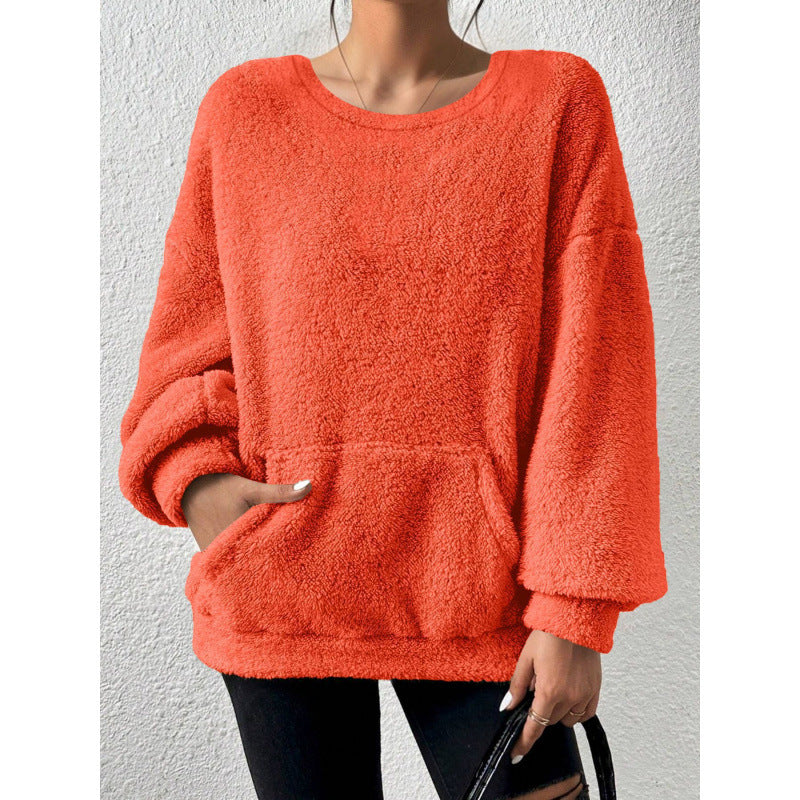 Damen Kuscheliger Oversize-Sherpa-Pullover mit Kängurutasche und Ballonärmeln Nord Taschen
