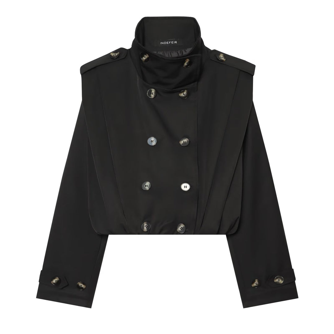 Damen Cropped Trenchjacke im Cape-Look mit doppelreihiger Knopfleiste und hohem Stehkragen Nord Taschen
